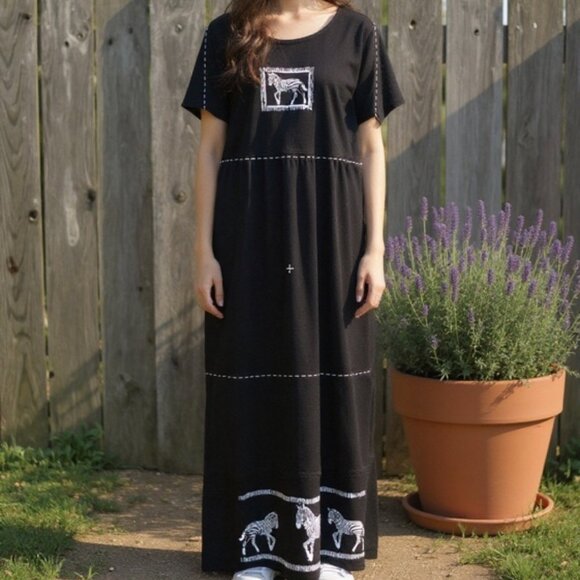 VTG Alexandra Lee Zebra Maxi T-Shirt Dress Animal Print USA 14 L 90s Y2K Teacher - Picture 1 of 9
